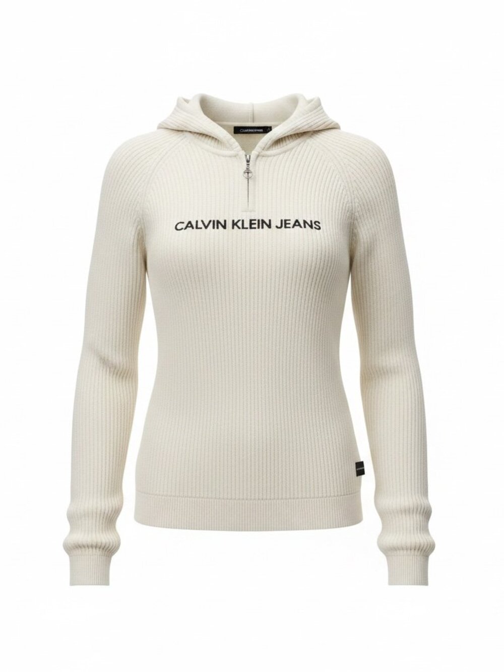 Calvin Klein Jeans, Ivory Women's Ribbed Knit Quarter-Zip Hooded Sweater, Size L